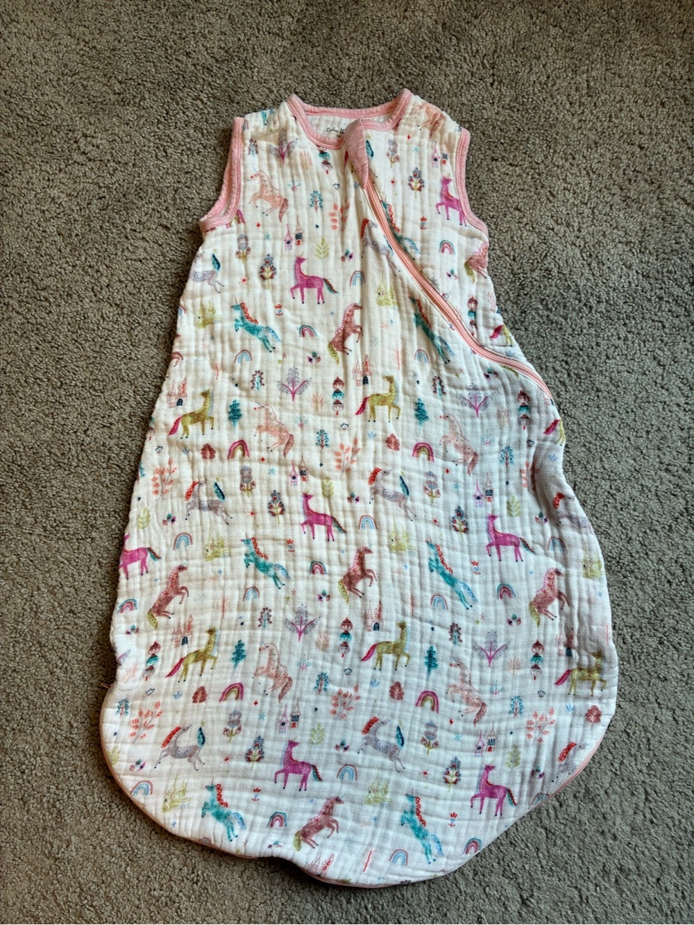 Unicorn & Rainbow Muslin Sleep Sack - Pink Trim